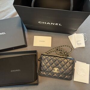 Chanel CC Wallet on Chain WOC Black Lambskin Gold Tone Bag Receipt Cert